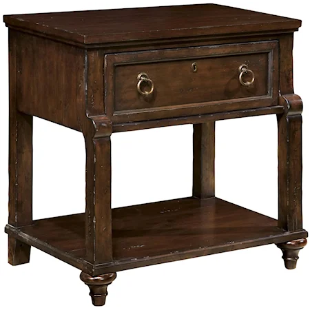 One-Drawer One-Shelf Nightstand with Heavily Distressed Finish & Accent Antique Brass Hardware